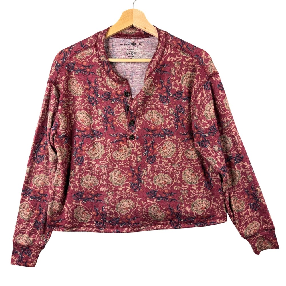 Natural Life‎ Womens XS Henley Pullover Top Floral Paisley Burgundy Long Sleeve